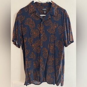 Express Navy Short-Sleeve Button-Down with Rust Floral Outline